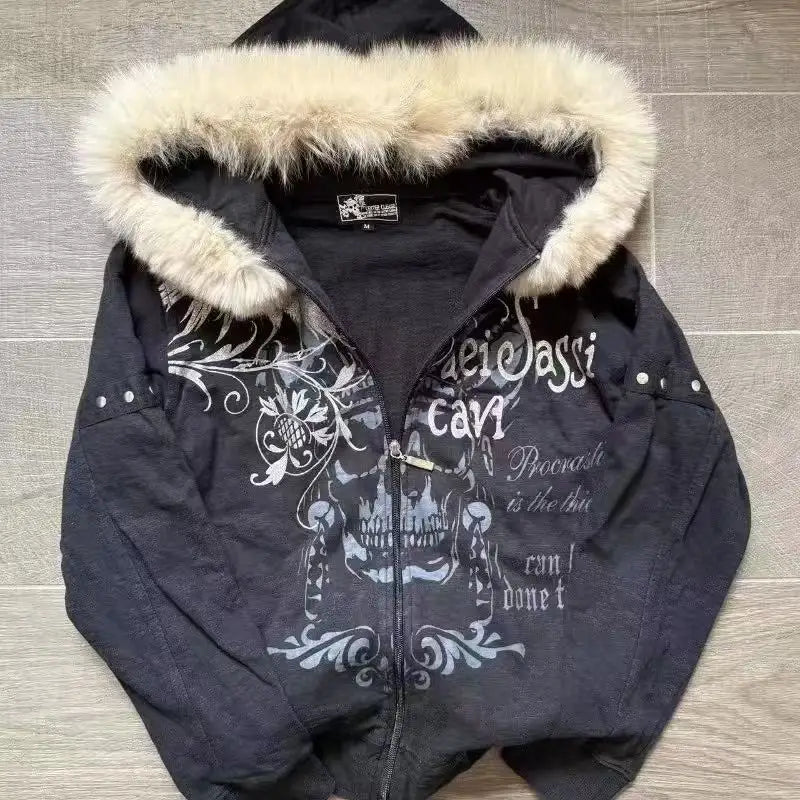 Women Y2K Gothic Zip Up Hoodie Red Faux Fur Collar Embroidery Rhinestone Hooded Jacket Grunge Streetwear Casual Sweatshirt