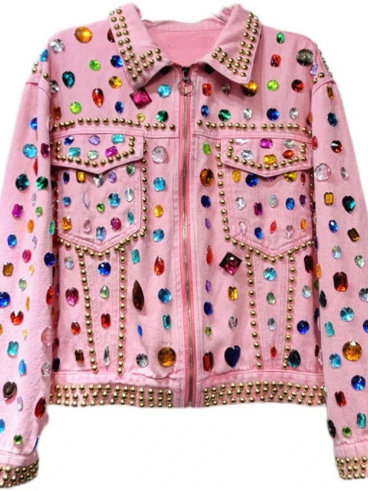 Women Rainbow Diamonds Beaded Pink Denim Coat Loose Rhinestones Jeans Jacket Long Sleeve Crystal Cowboy Cardigan Rivets Tops SS69