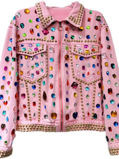 Women Rainbow Diamonds Beaded Pink Denim Coat Loose Rhinestones Jeans Jacket Long Sleeve Crystal Cowboy Cardigan Rivets Tops SS69
