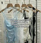 Women's Vintage Tie-dye Printed Mesh Spaghetti Strap Camisole Hot Girl Irregular Ruffled Ribbon Sleeveless Top Partyclub 1185