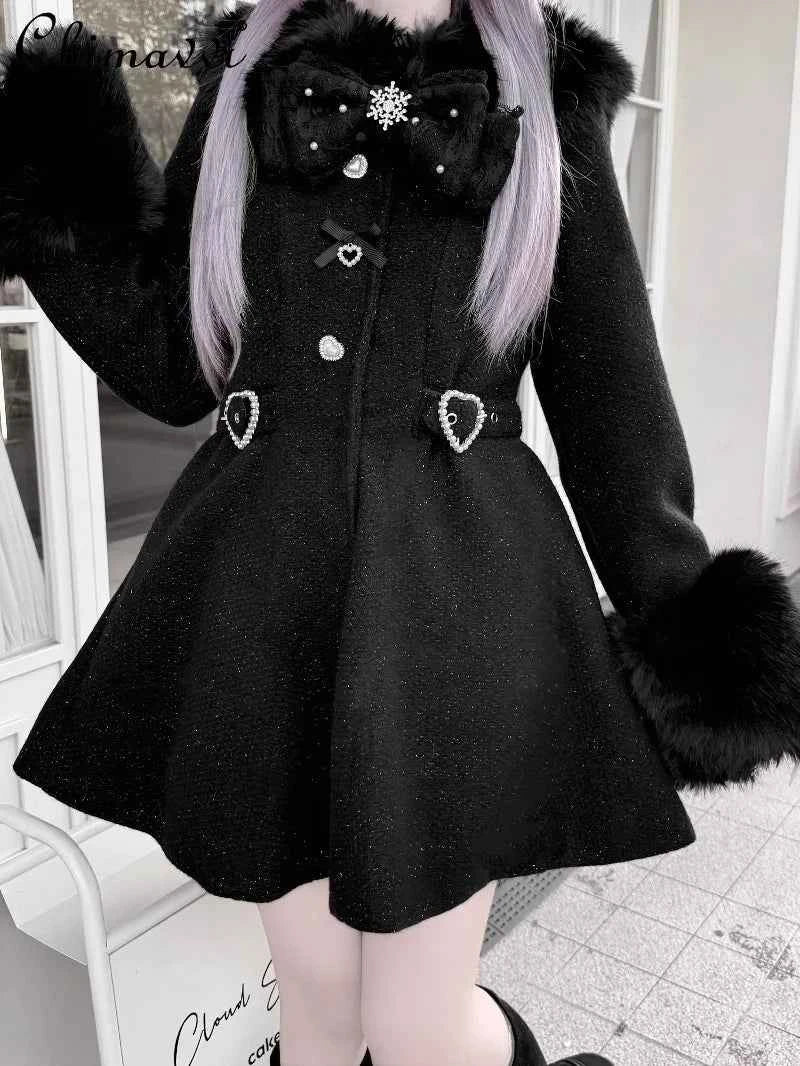 Original Japanese Mass-Produced Lace Jackets Girls Women Cute Bow Waist Cinch Heavy Drill Button Slim Fit Elegant Black Coat