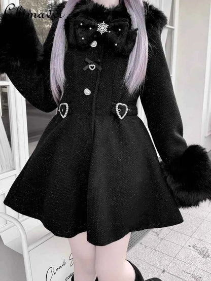 Original Japanese Mass-Produced Lace Jackets Girls Women Cute Bow Waist Cinch Heavy Drill Button Slim Fit Elegant Black Coat