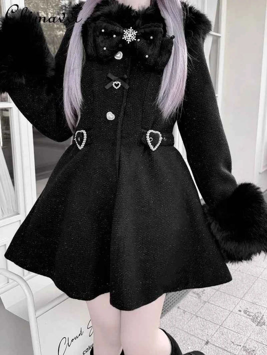 Original Japanese Mass-Produced Lace Jackets Girls Women Cute Bow Waist Cinch Heavy Drill Button Slim Fit Elegant Black Coat