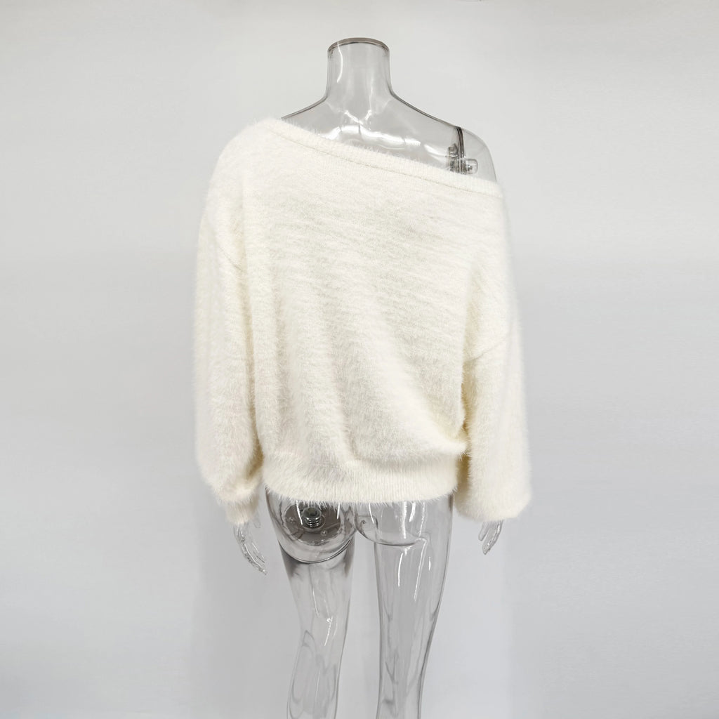 Talenza Women's Plush Pullover Fashion Solid Loose High Street Sweaters Vintage Chic Strapless Autumn Casual Female Pullovers