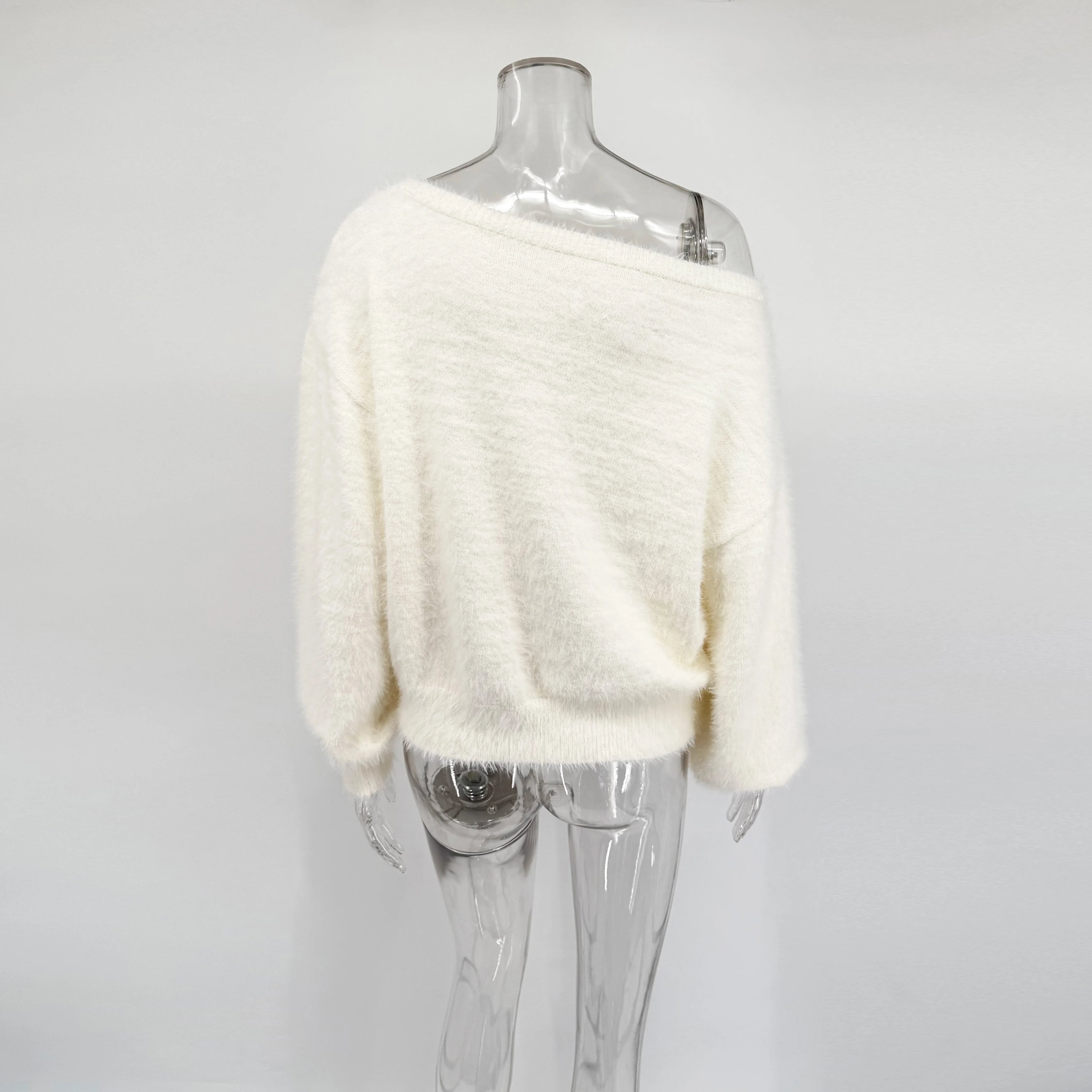 Talenza Women's Plush Pullover Fashion Solid Loose High Street Sweaters Vintage Chic Strapless Autumn Casual Female Pullovers