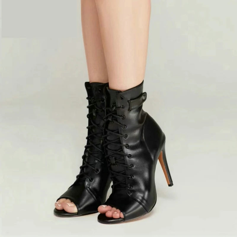Women's Black Peep-Toe High Heel Stilettos Size 46 New Fashion Brand Party Boots for Ballroom Latin Jazz Dance Sexy Party Shoes SS69