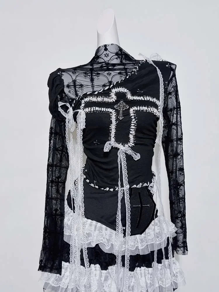 Original Design Punk Rock Cross Patch Long Sleeve Slash Tshirt Gothic Women Subculture Lace Ruffled Holloween Tee Tops Clothing SS69