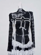 Original Design Punk Rock Cross Patch Long Sleeve Slash Tshirt Gothic Women Subculture Lace Ruffled Holloween Tee Tops Clothing SS69