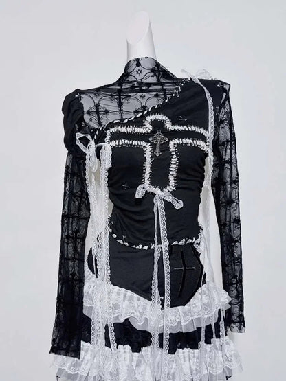 Original Design Punk Rock Cross Patch Long Sleeve Slash Tshirt Gothic Women Subculture Lace Ruffled Holloween Tee Tops Clothing SS69