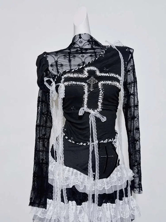 Original Design Punk Rock Cross Patch Long Sleeve Slash Tshirt Gothic Women Subculture Lace Ruffled Holloween Tee Tops Clothing SS69