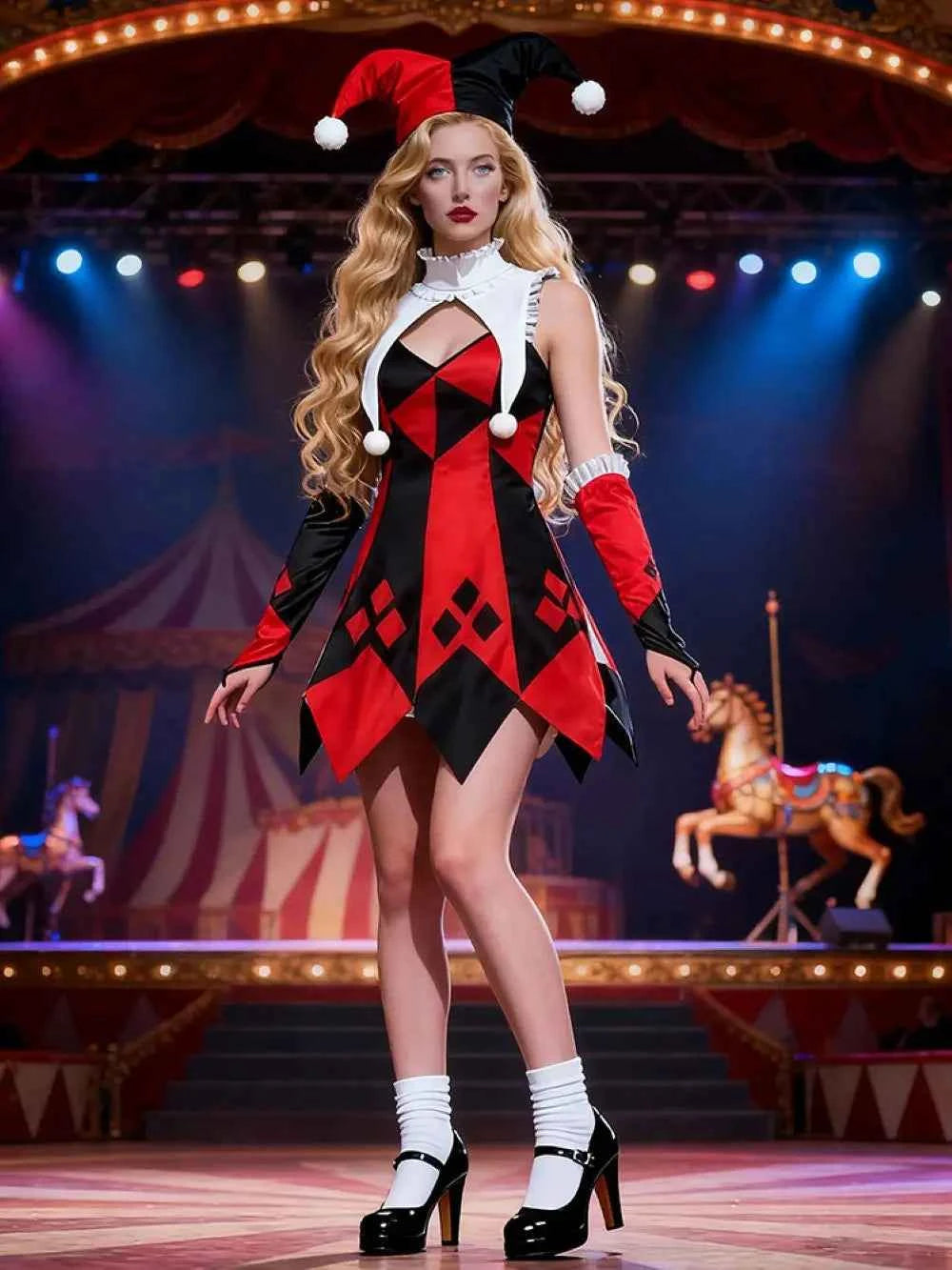 Halloween red and white checkered clown costume for women, clown role-play uniform, Halloween outfit, circus cosplay