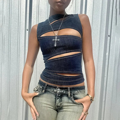 Talenza Women's Sleeveless Round Neck Vest Summer Solid Color Hollow Slim Vest Top Fashion Sexy Streetwear Women's Slim Vest Top SS69 14.69 Blue / L