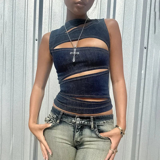 Talenza Women's Sleeveless Round Neck Vest Summer Solid Color Hollow Slim Vest Top Fashion Sexy Streetwear Women's Slim Vest Top SS69 14.69 Blue / L