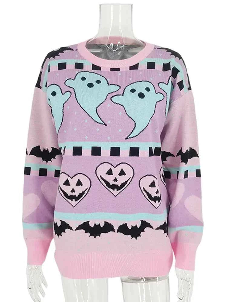 Yangelo Pink Kawaii Sweater Women's Knitted Top Gothic Ghost Bat Pattern Autumn Winter Warm Fairy Grunge Clothing