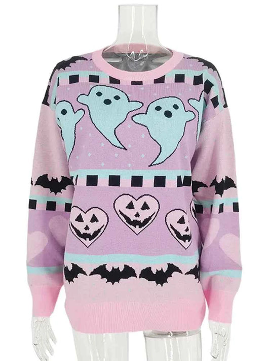 Yangelo Pink Kawaii Sweater Women's Knitted Top Gothic Ghost Bat Pattern Autumn Winter Warm Fairy Grunge Clothing