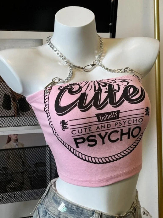 Crop Tops Fashion Summer Tanks Women Clothing Sweet Pink Letter Backless Tunic Camis Harajuku Chain Sexy Y2k Vest Ropa Mujer SS69