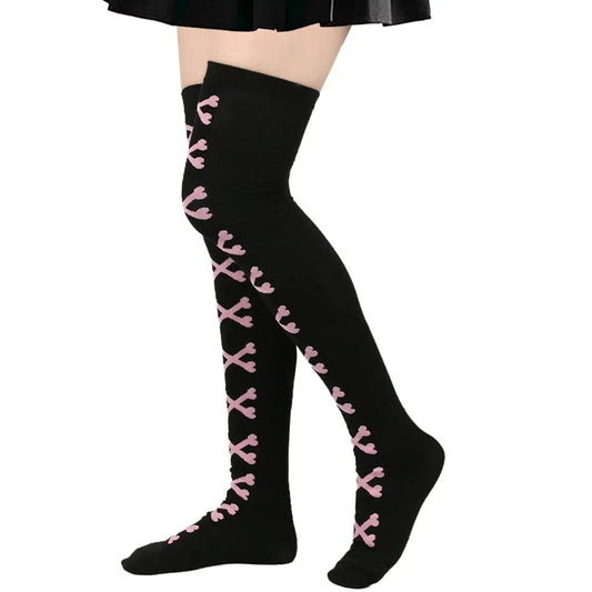 SS69 Women's Bone Print Thigh High Socks - Cotton Blend Cosplay Stockings