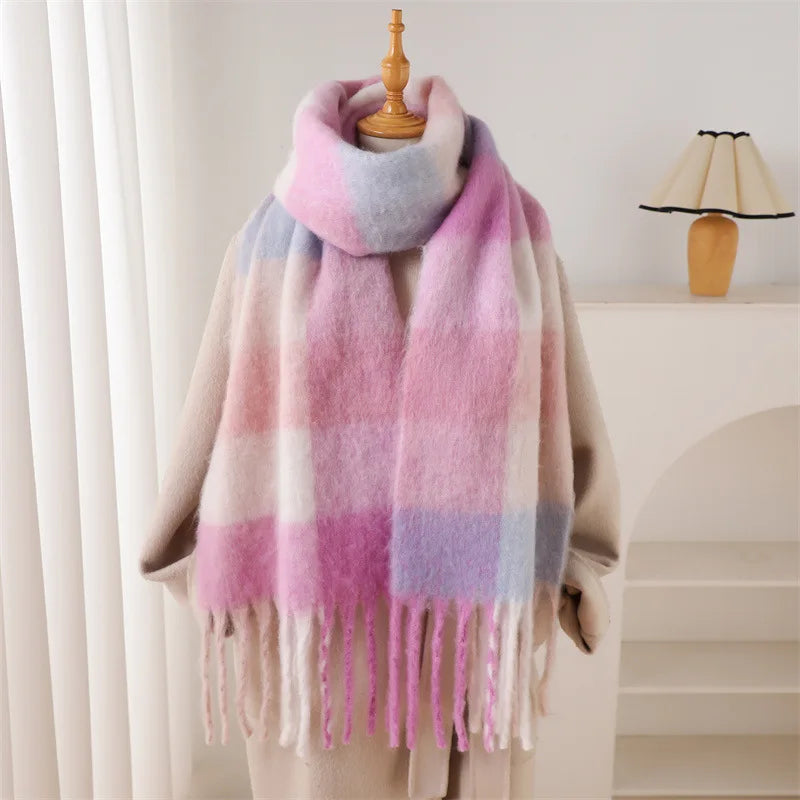 RUNMEIFACN Women's Winter Plaid Cashmere Blend Scarf with Tassels
