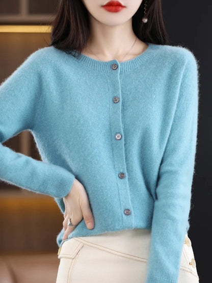 100%Merino Wool Cardigan Women's Round Neck Casual High-Quality AutumnWinter Solid Color Jacket Knit Basic Sweater Pure Wool Top SS69 23.69 lake blue / S / CHINA