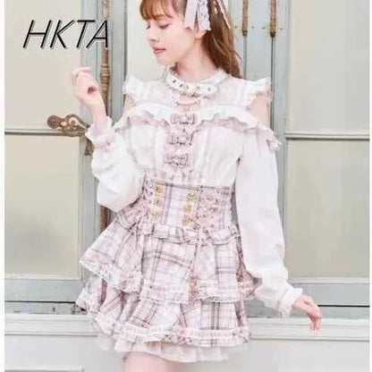 Japanese Mine Tie Sweet Bow Long Sleeve Chiffon Shirt Liz High Waist Elastic Slim Pleated Plaid Skirt Sets Short Skirts Women