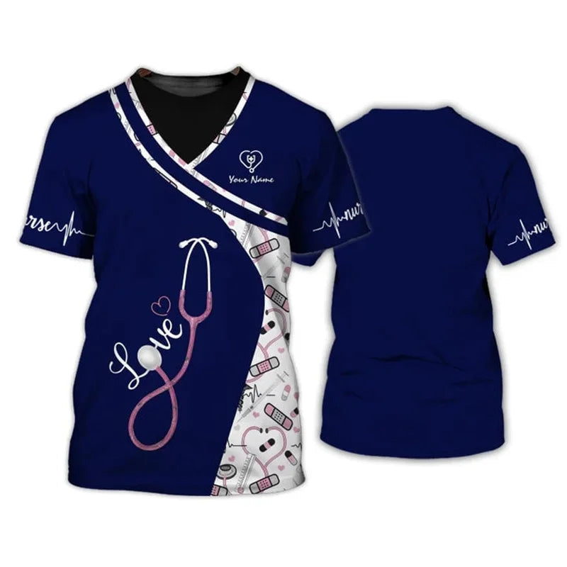 Heart Nurse 3D T Shirt Custom Nurse Uniform Nursing Tools Print Short Sleeve Black Pink Medical Scrubs Clothing Nurse Tshirt SS69