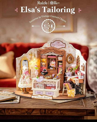 Robotime DIY Miniature House Kit Elsa's Tailoring 1:18 Scale Dollhouse Building Kit Antique Bookshelf Display Crafts for Adults