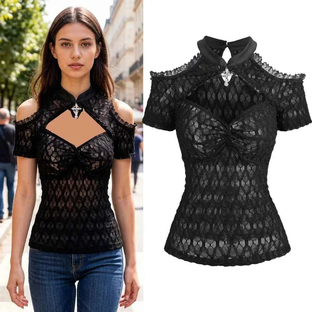 New Gothic Cold Shoulder Tops Women's Crochet Mesh Semi See Through Shirt with Cut Out Panels, Twist Front Cropped T-Shirt