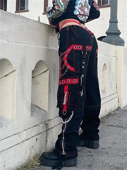 Cyber Punk Unisex Cargo Wide Leg Pants Chain Bandage Ruched Tie Capris Pants Women Gothic Baggy Trousers BF Hippie Grunge Jogger SS69