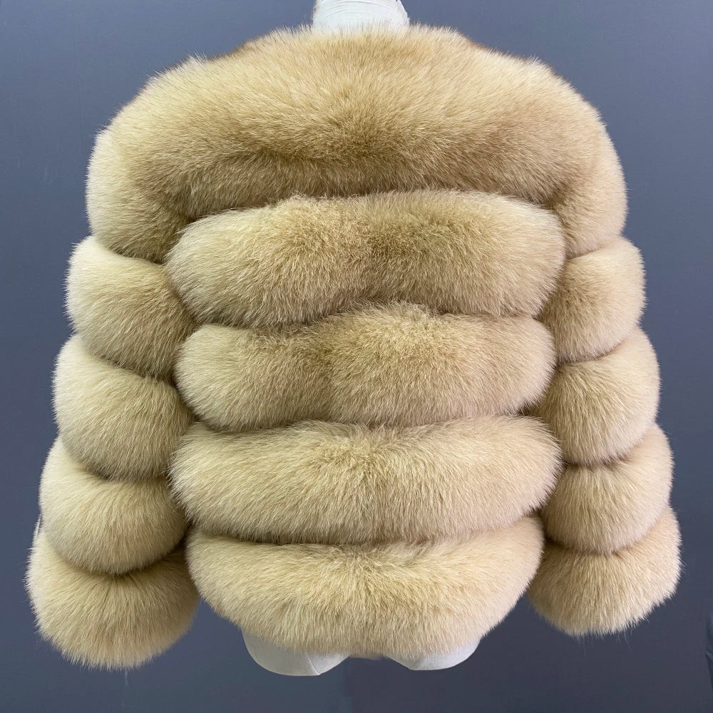 WGLUVF Women's Real Fox Fur Short O-Neck Coat