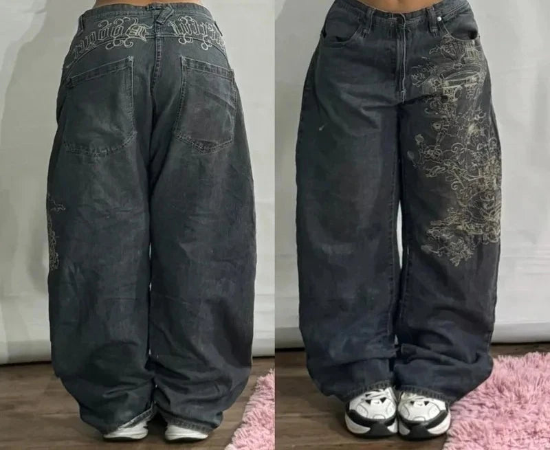 Y2K Cherry Blossom Embroidered Wide Leg Jeans