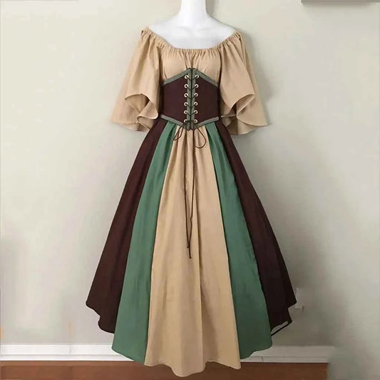 Halloween Costumes for Women Medieval Retro Contrasting Color Slim Swing Dress One-word Shoulder Dress Love Live Cosplay