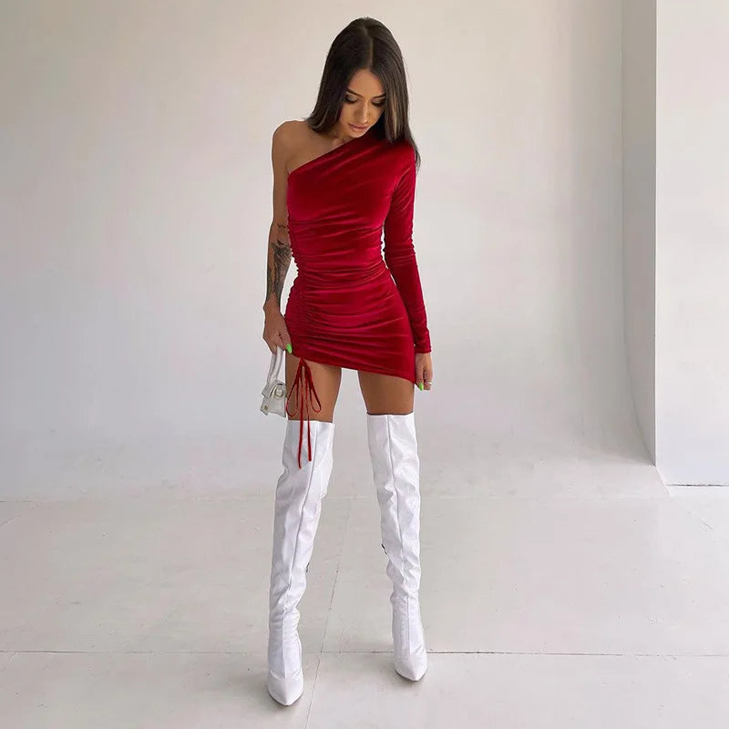 2025 New Plus Size 9XL 8XL 7XL One Shoulder Velvet Lace Up Party Bodycon Women Dresses Vestidos XXXXXL SS69