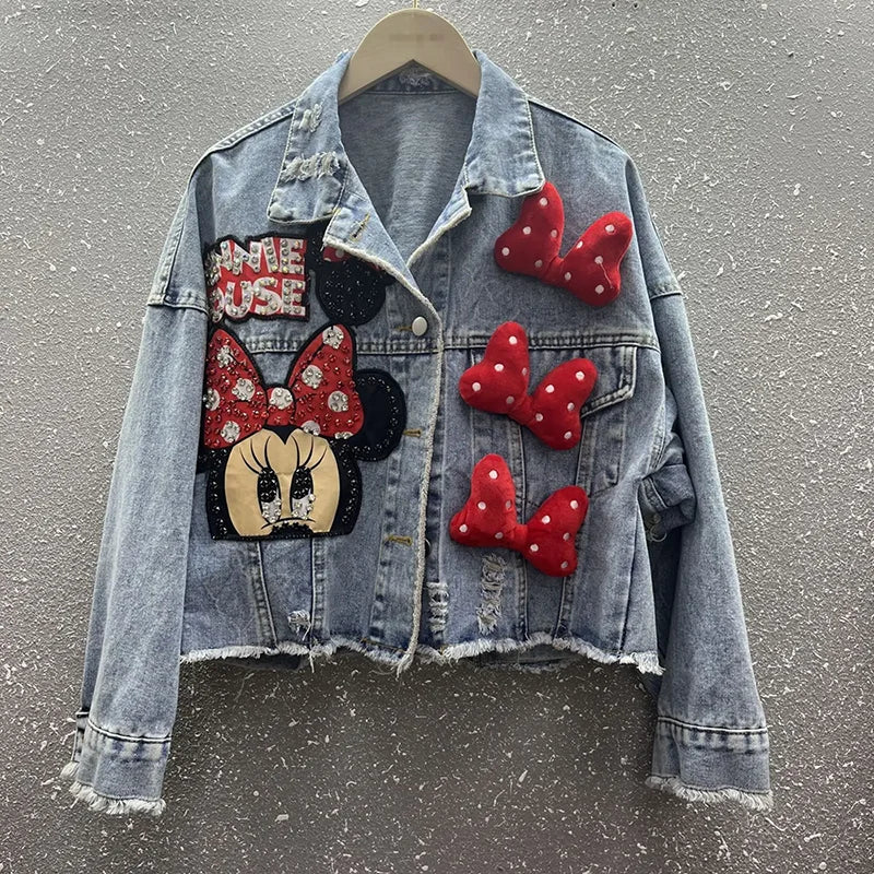 2024 New Women Coat Cartoon Sticker Embroidered Sequin Short Denim Jacket Loose Bowknot Top SS69