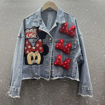 2024 New Women Coat Cartoon Sticker Embroidered Sequin Short Denim Jacket Loose Bowknot Top SS69