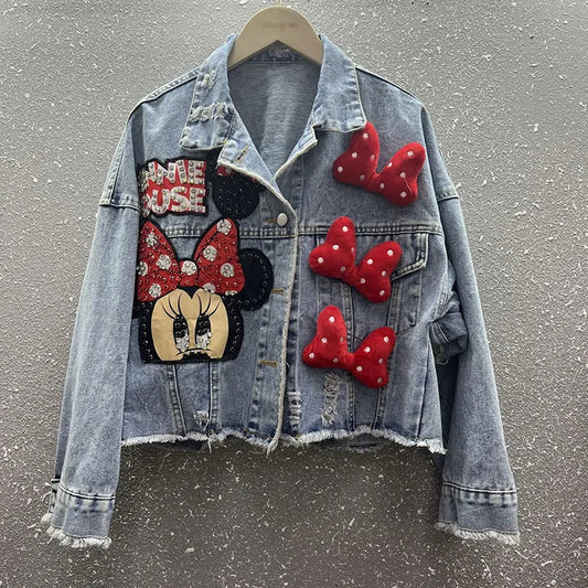 2024 New Women Coat Cartoon Sticker Embroidered Sequin Short Denim Jacket Loose Bowknot Top SS69