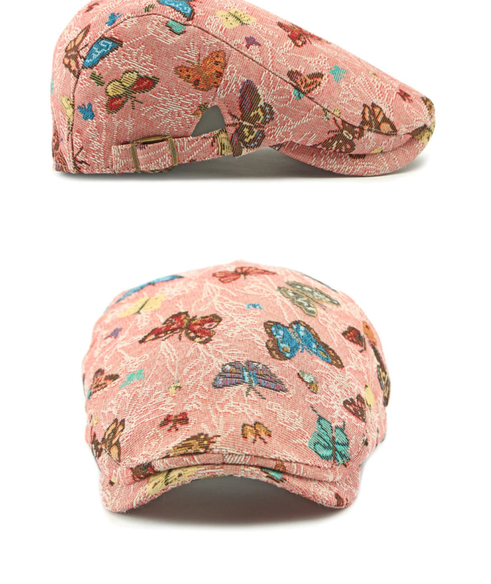 Women's Butterfly Embroidery Cotton Beret Hat - Adjustable Painter Cap