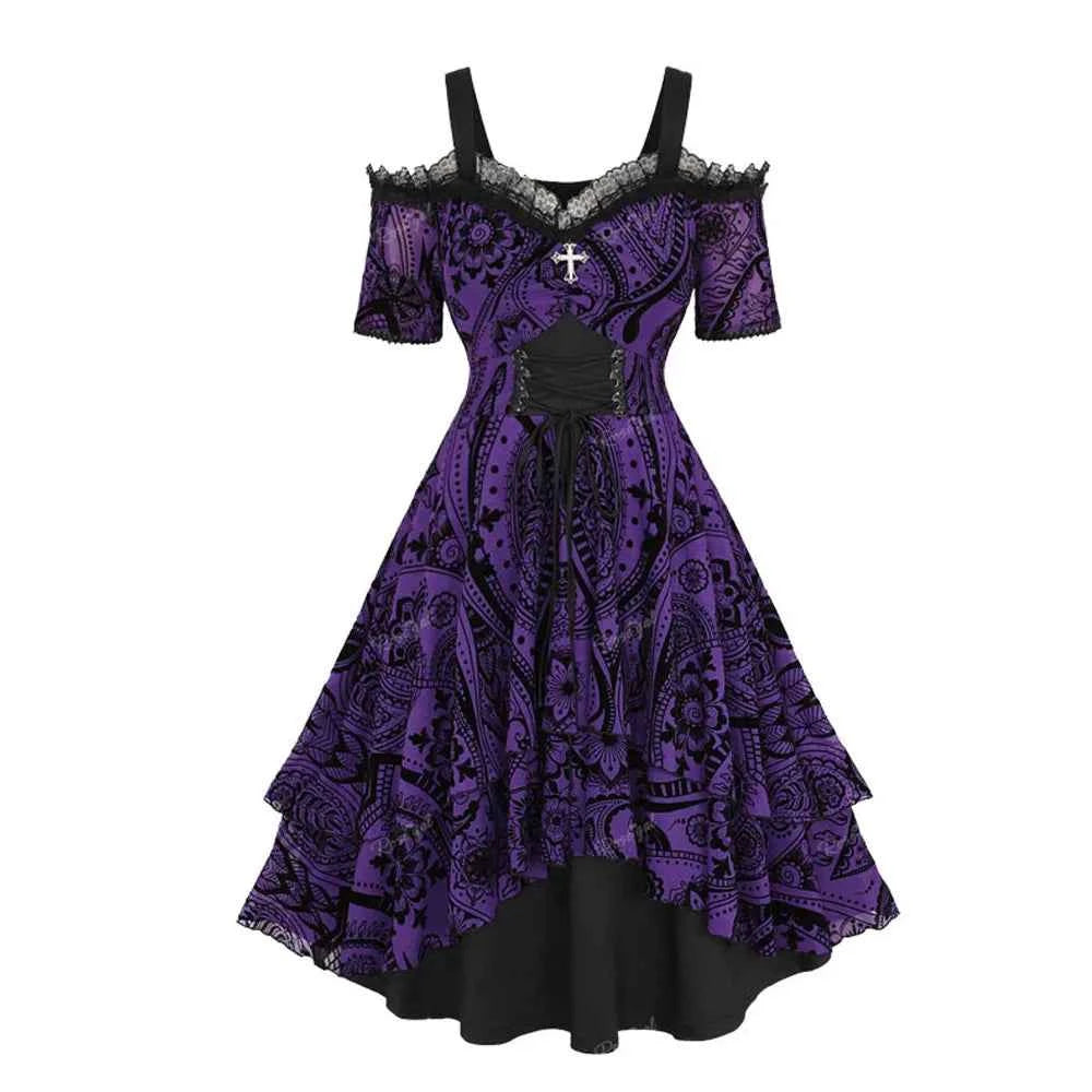 ROSEGAL Plus Size Cold Shoulder Dress 2026 Women's Spring Summer Purple Dresses Lace Up Ruched Cross Floral Flocking Vestidos