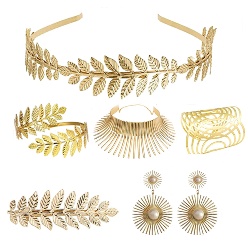 PESENAR Greek Goddess Costume Accessory Set with Golden Leaf Crown and Pearls