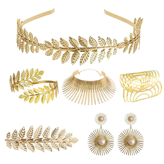 PESENAR Greek Goddess Costume Accessory Set with Golden Leaf Crown and Pearls