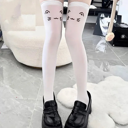 SS69 Japanese Kawaii Expression Thigh High Socks - White Plaid Over Knee
