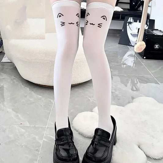 SS69 Japanese Kawaii Expression Thigh High Socks - White Plaid Over Knee
