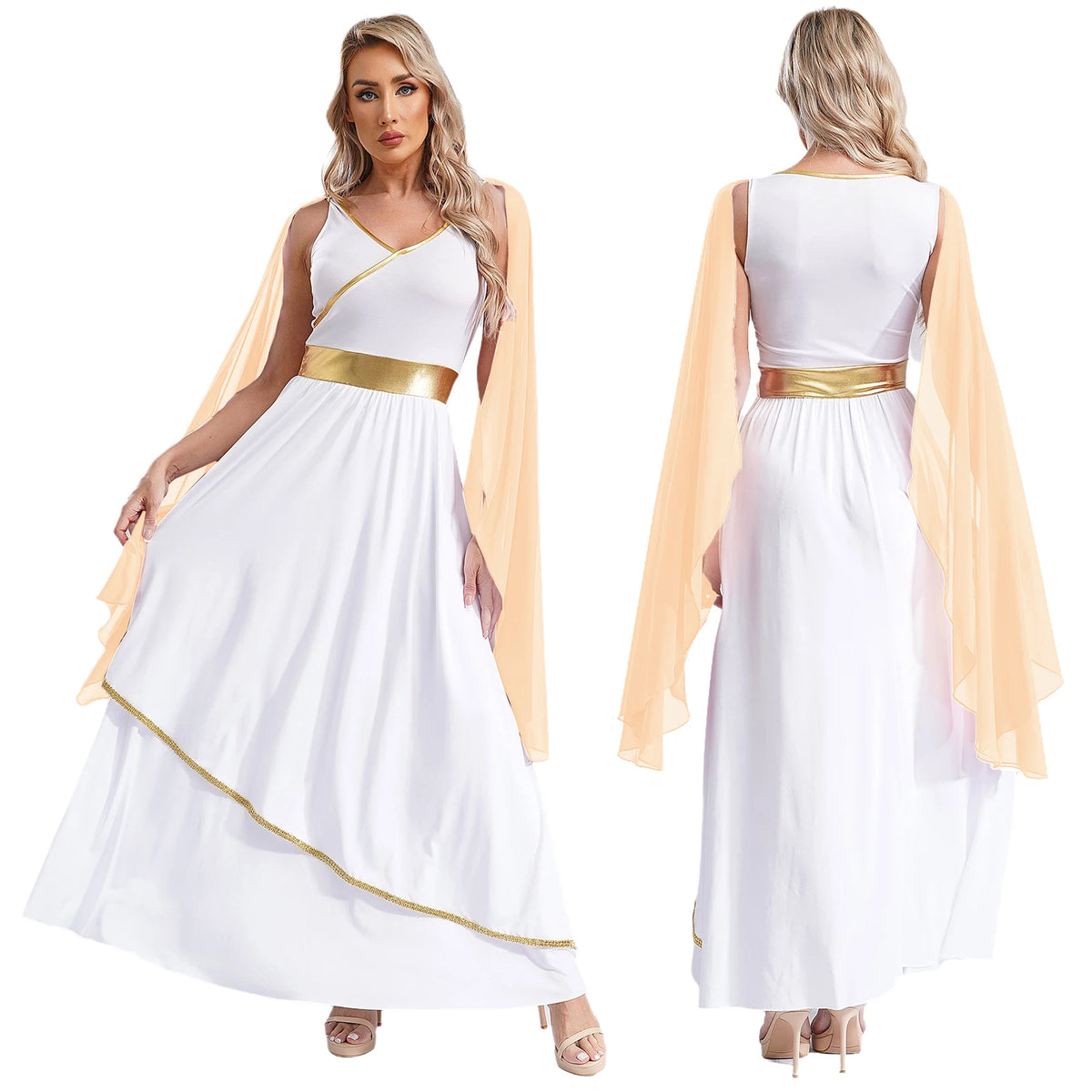 Womens One-Shoulder Greek Goddess Costume Dress with Chiffon Overlay