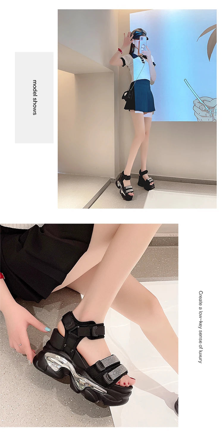 Summer High Platform Women Sandals Buckle 10CM Wedges Bling Shoes Fashion 2023 Outside Chunky Sandals Beach Casual Slides Woman SS69