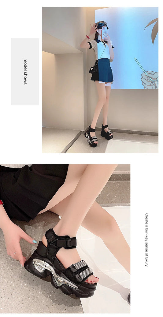 Summer High Platform Women Sandals Buckle 10CM Wedges Bling Shoes Fashion 2023 Outside Chunky Sandals Beach Casual Slides Woman SS69