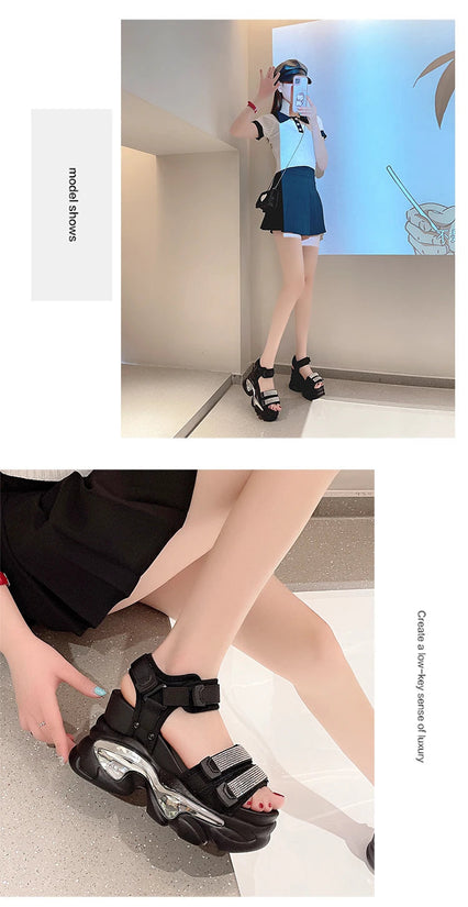 Summer High Platform Women Sandals Buckle 10CM Wedges Bling Shoes Fashion 2023 Outside Chunky Sandals Beach Casual Slides Woman SS69
