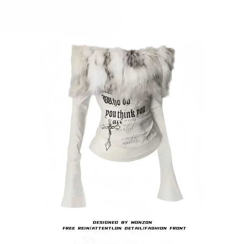 Y2k Emo Women Korean Streetwear Japanese Fur Collar Tops Off Shoulder Long Sleeve Aesthetics Letter T-shirt 2000s Alt Clothes SS69 11.69 Beige / XL