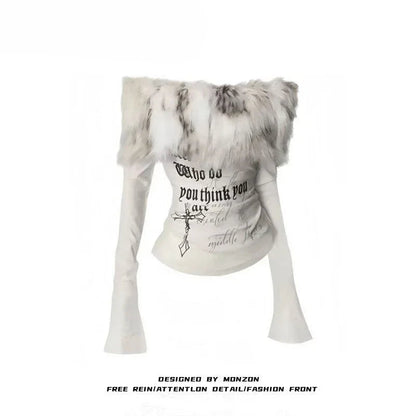 Y2k Emo Women Korean Streetwear Japanese Fur Collar Tops Off Shoulder Long Sleeve Aesthetics Letter T-shirt 2000s Alt Clothes SS69 11.69 Beige / XL