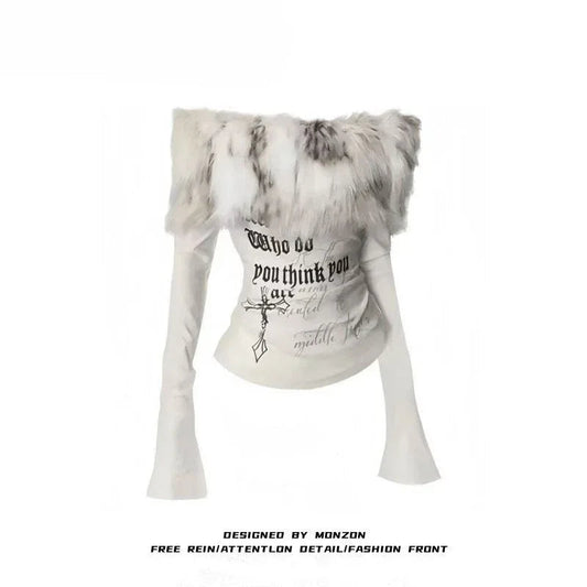 Y2k Emo Women Korean Streetwear Japanese Fur Collar Tops Off Shoulder Long Sleeve Aesthetics Letter T-shirt 2000s Alt Clothes SS69 11.69 Beige / XL