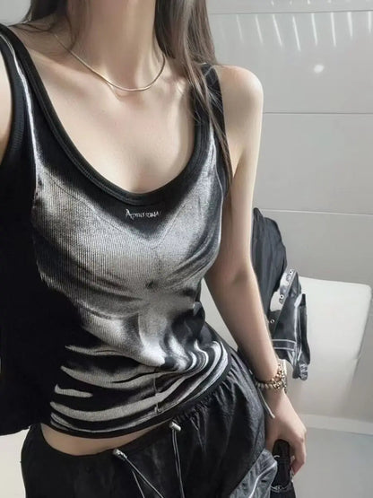 American retro style black printed suspender vest women T-shirt y2k millennium goth slim V-neck fashion top SS69