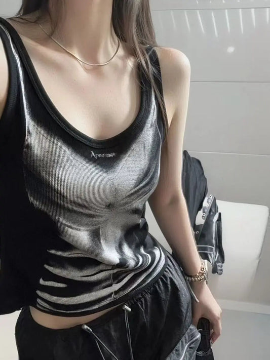 American retro style black printed suspender vest women T-shirt y2k millennium goth slim V-neck fashion top SS69